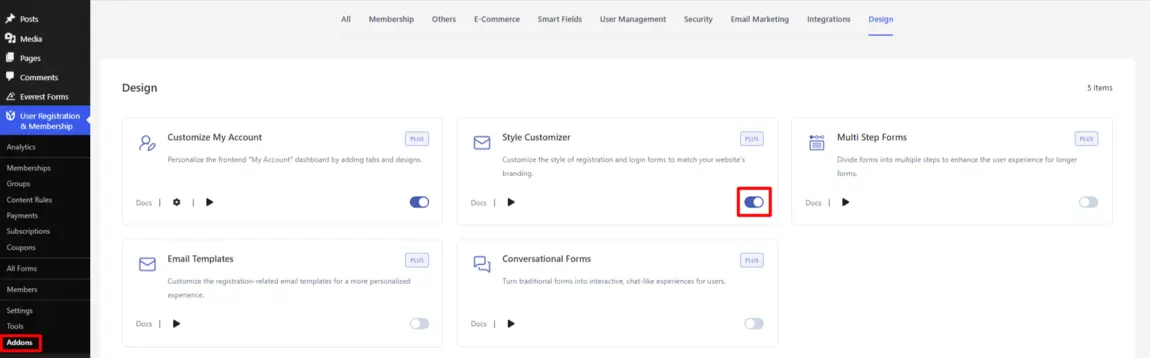 User Registration & Membership Addons page showing the Style Customizer add-on and activation toggle