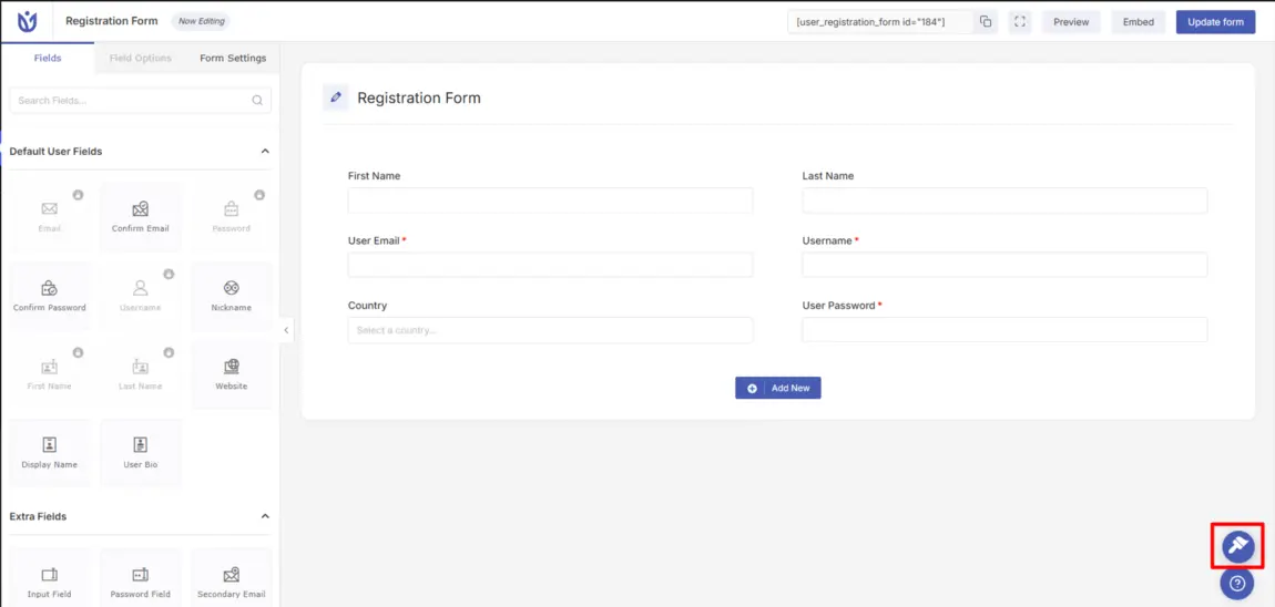 Registration form settings showing the Style Customizer paint brush icon