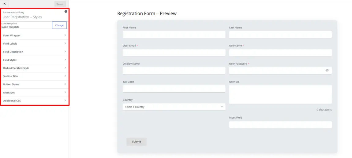 Style Customizer interface Style Customizer interface showing styling options on the left and live registration form preview on the rightshowing styling options on the left and live registration form preview on the right