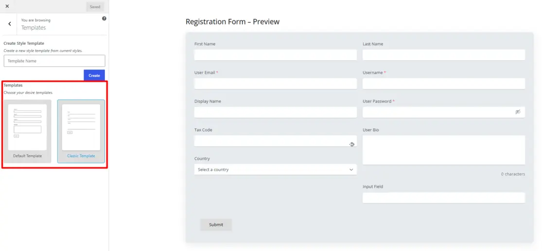Style Customizer showing Active Template options