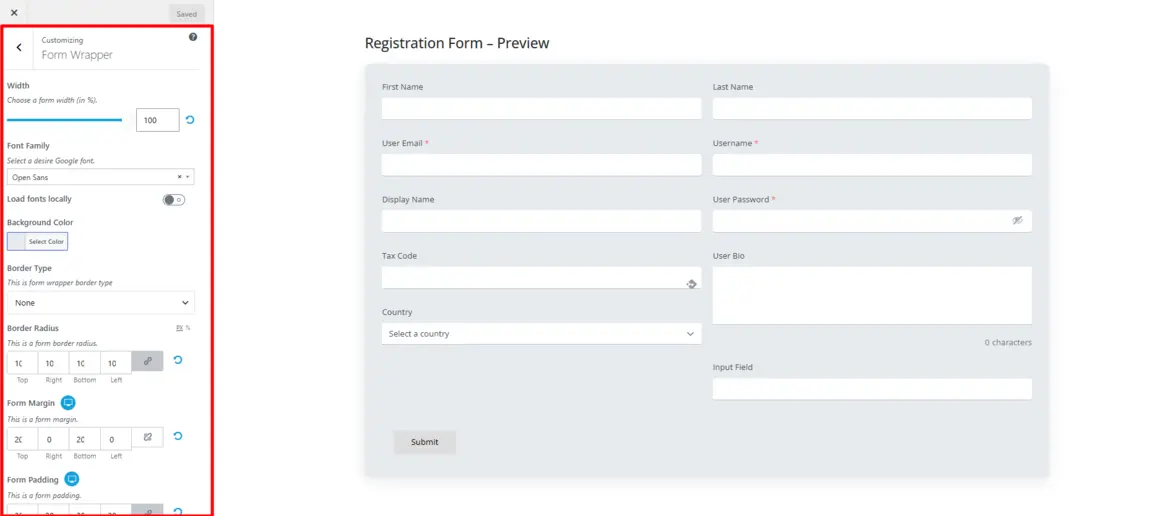 Style Customizer showing Form Wrapper customization options