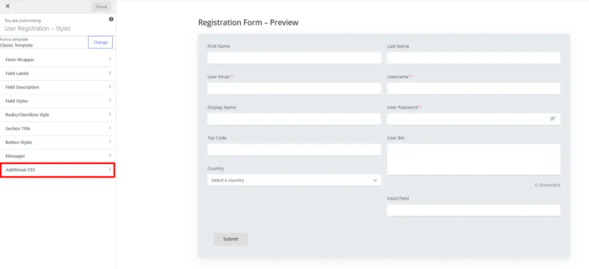 Style Customizer showing the Additional CSS editor
