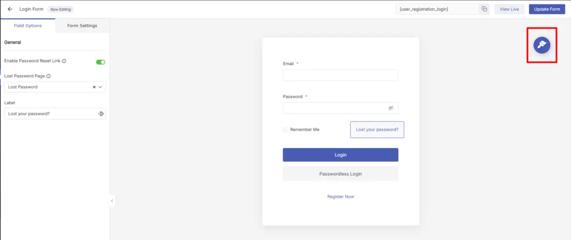 Login Options showing the Style Customizer icon