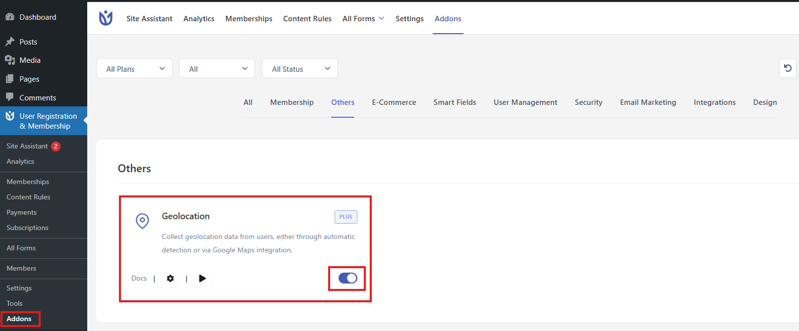 Activating the Geolocation addon from the Addons page