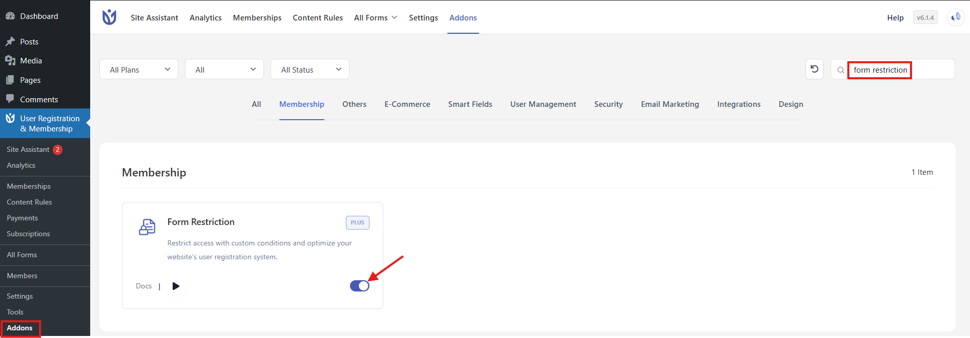 Navigate to Addons page and activate Form Restriction addon