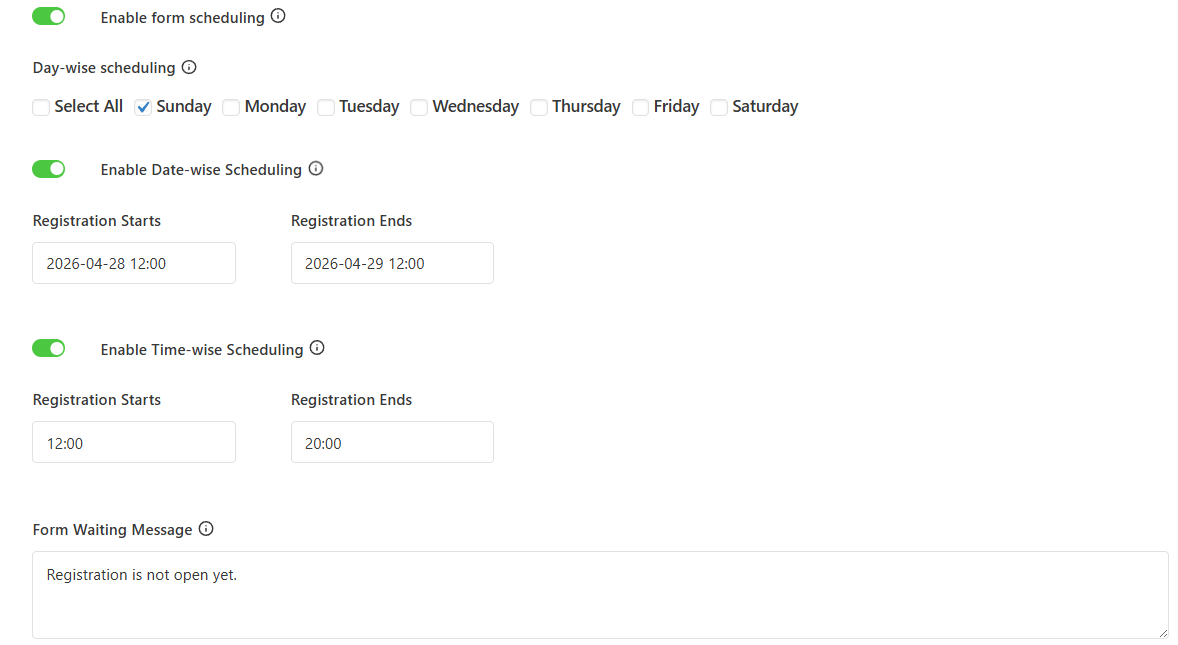 Set form scheduling with date and time restrictions