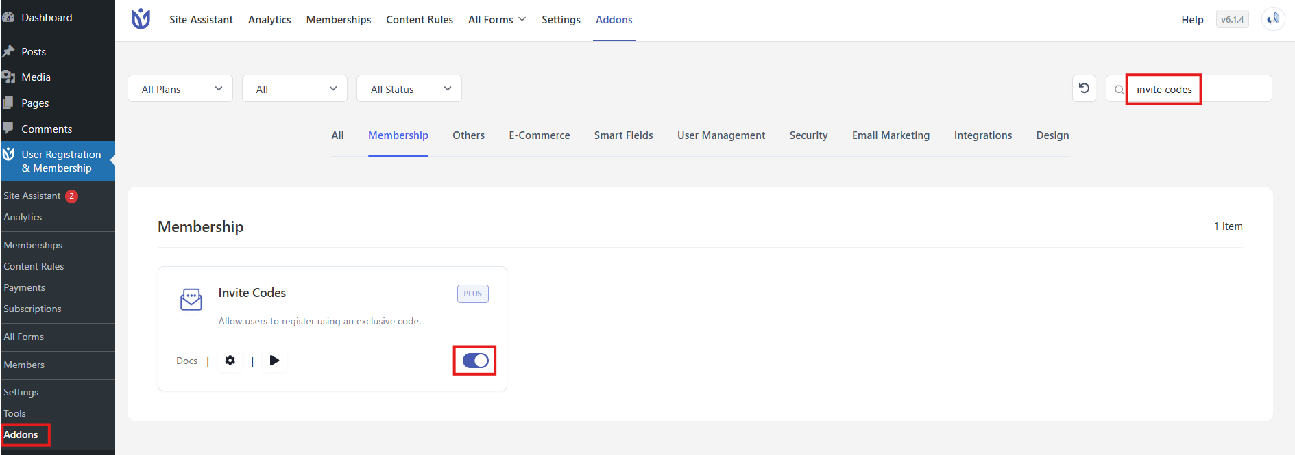Activating the Invite Codes add-on