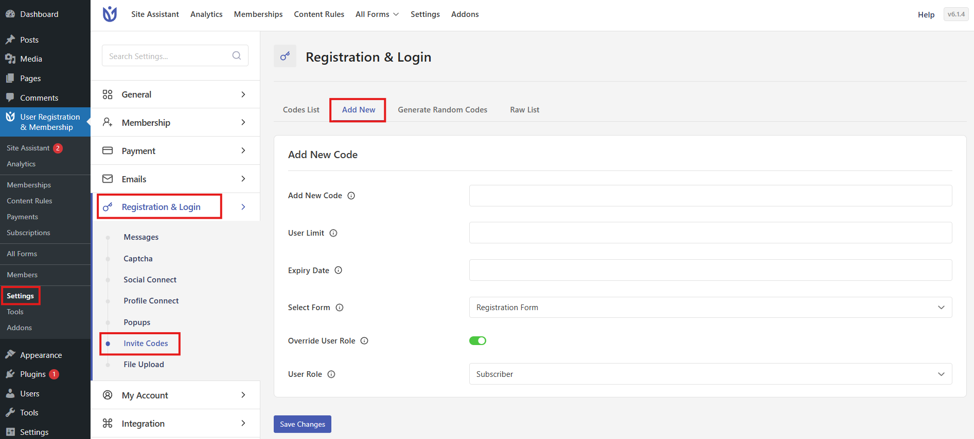 Invite Codes settings page