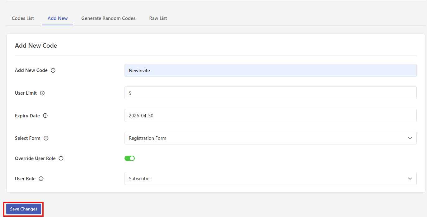 Invite code configuration form