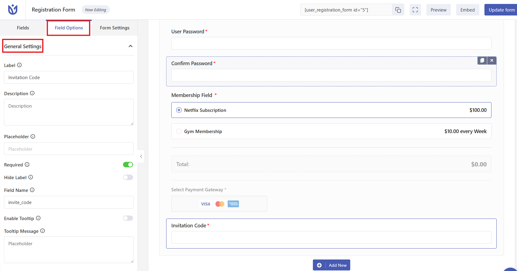 Field options panel for invitation code