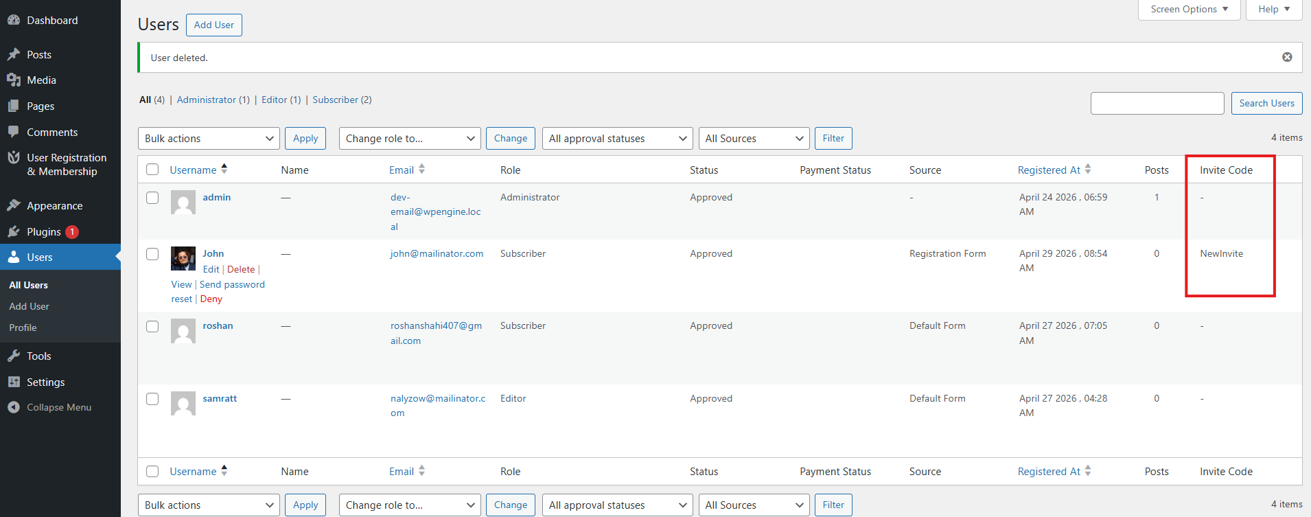 User list showing invite codes