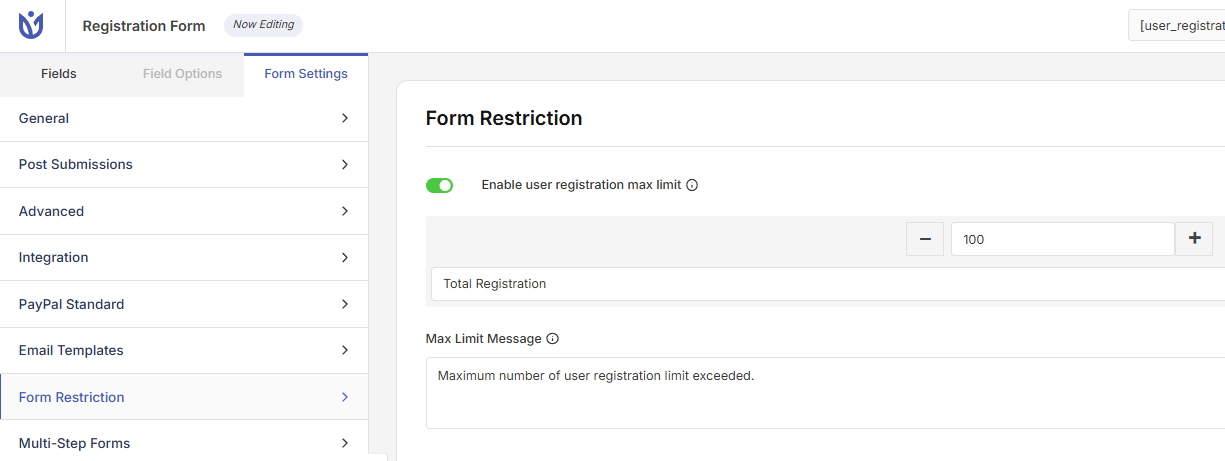 Configure maximum registration limit settings