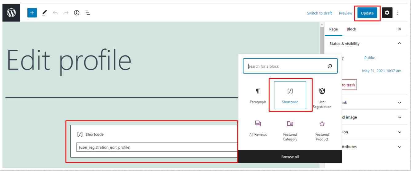 To add Edit Profile shortcode on the page