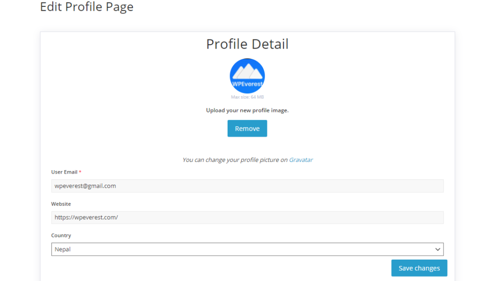 Frontend View of the Edit Profile Page