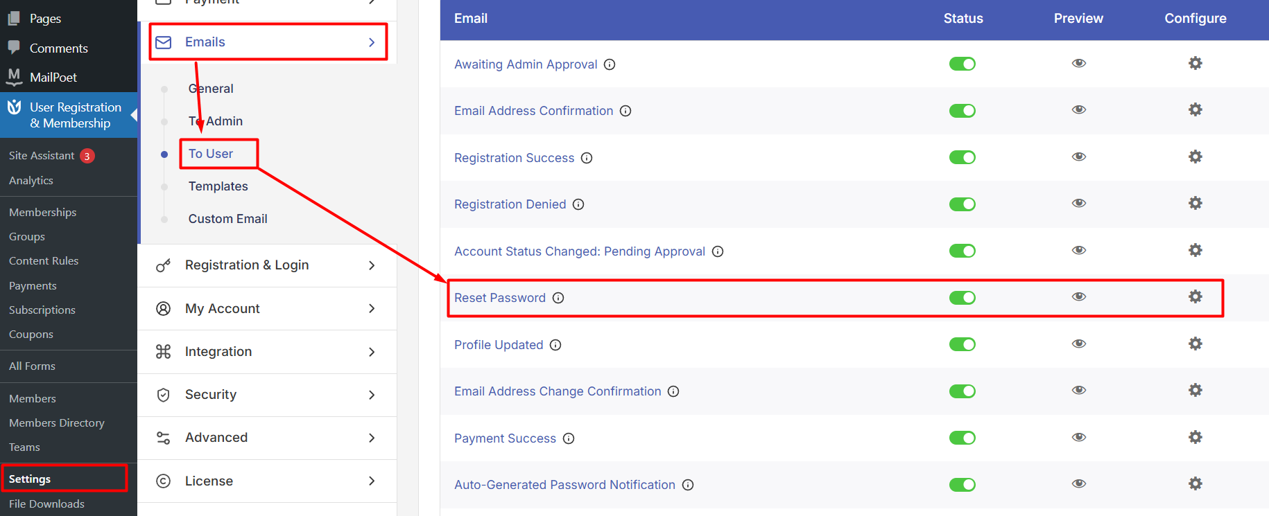 Navigate to Reset Password Email
