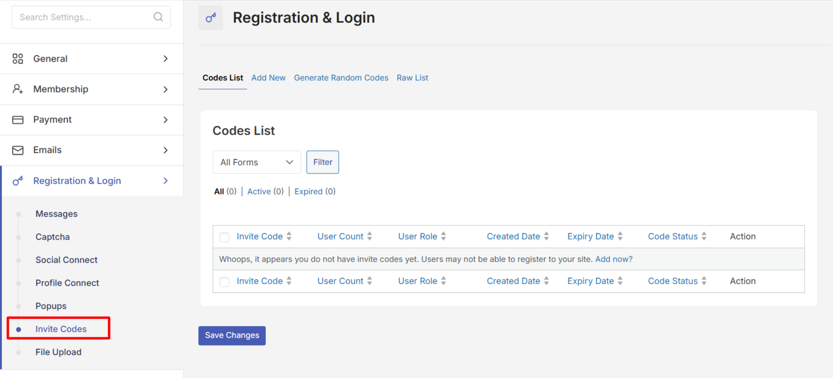 Go to Invite Codes in User Registration & Membership plugin