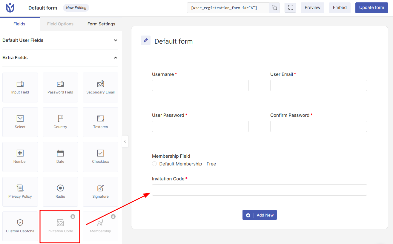Adding invitation code field to membership registration form using URM plugin