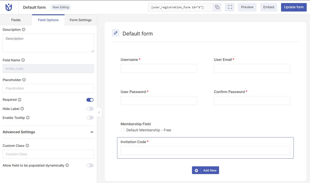 Invitation Code Field Options on User Registration and Membership plugin
