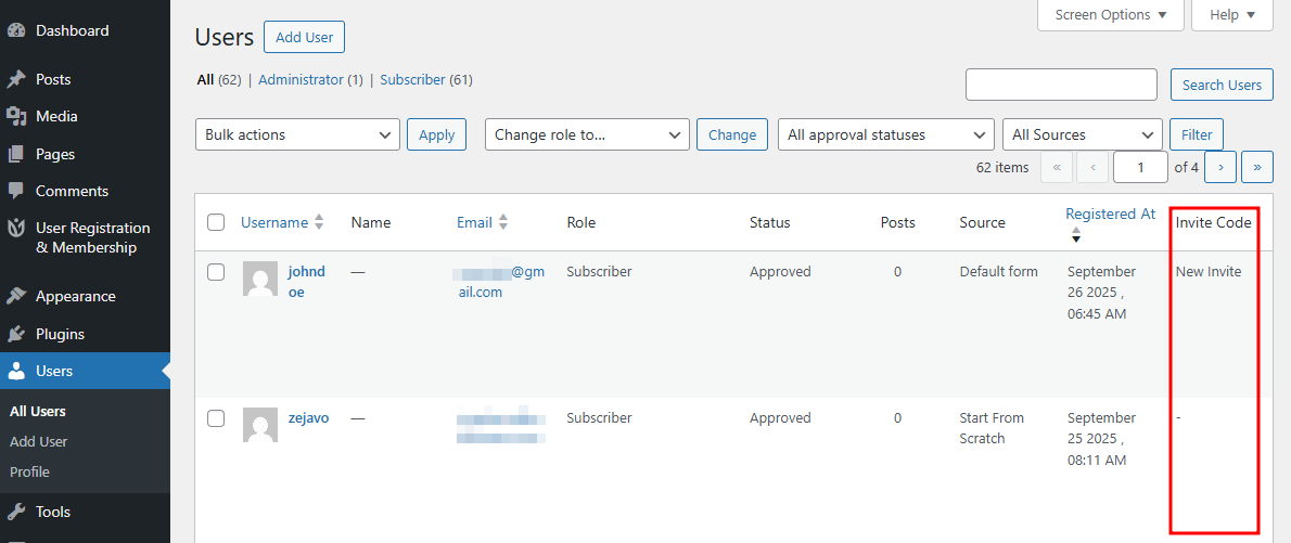 Users with associated invite code