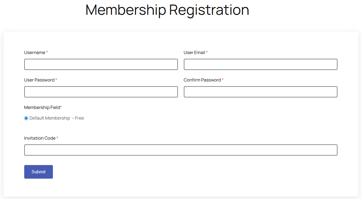 Frontend view of custom WordPress registration form with invitation code field.
