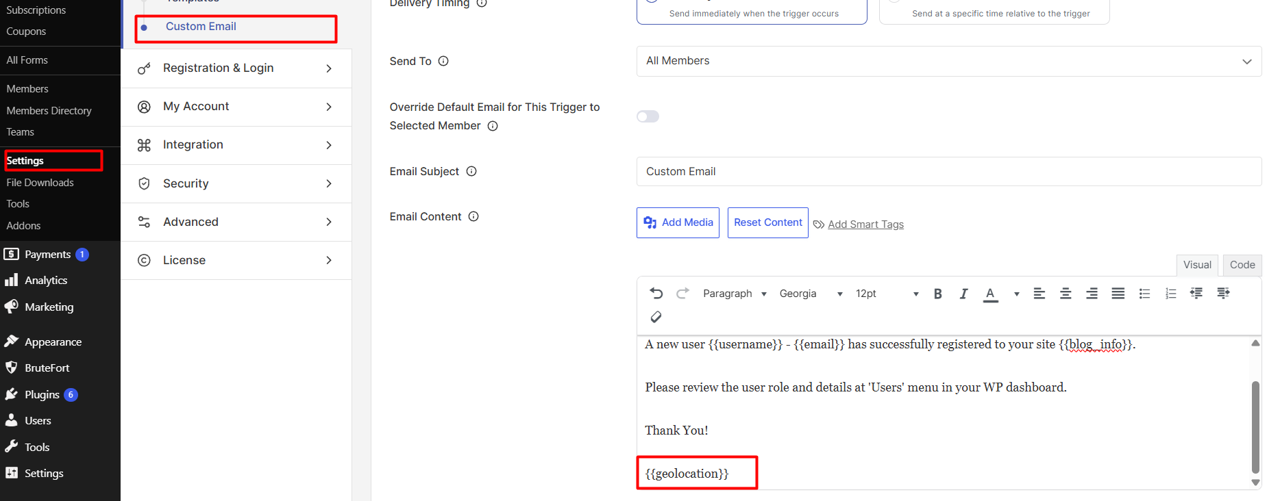 Adding the geolocation smart tag to email templates