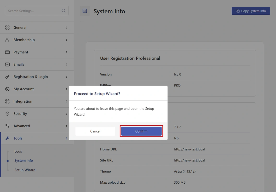 Click Confirm to open the Setup Wizard