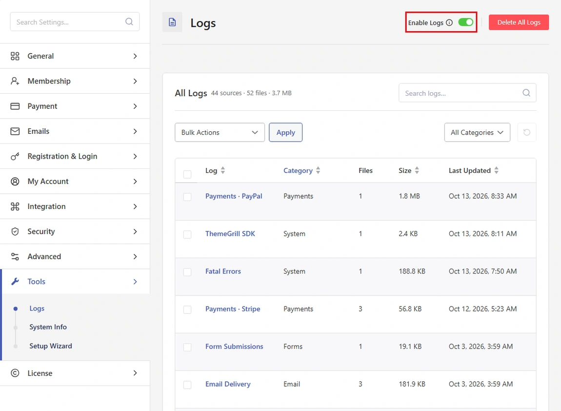 Turn on Enable Logs under Settings > Tools > Logs