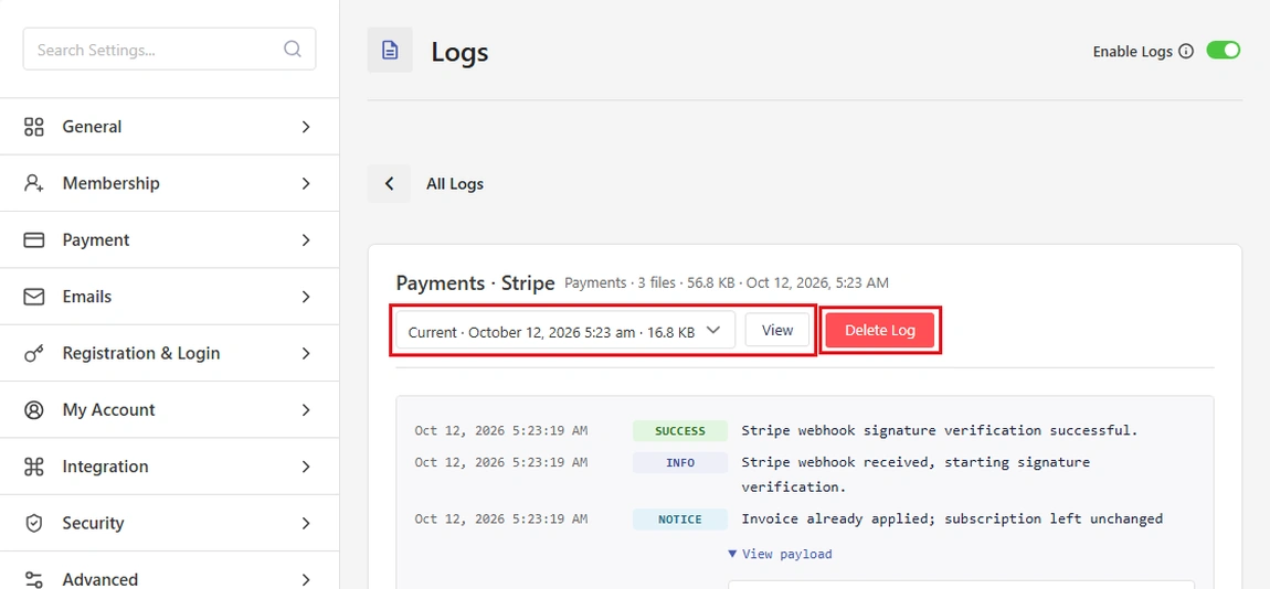 Choose a log file and click View, or click Delete Log