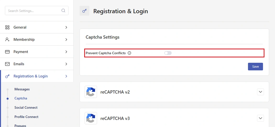 Turn on Prevent Captcha Conflicts