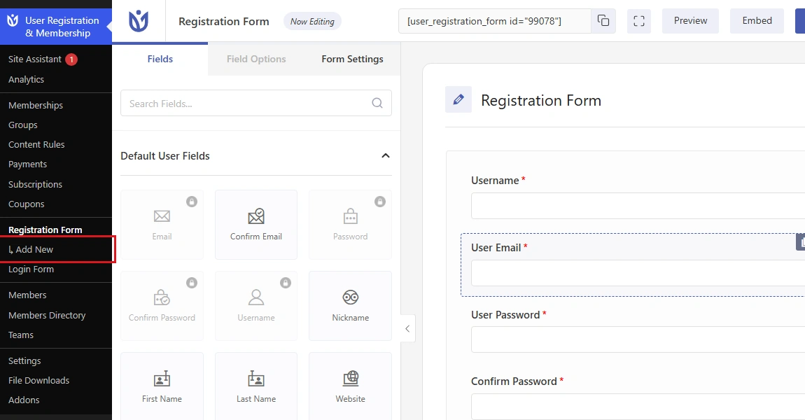Click Add New under Registration Form