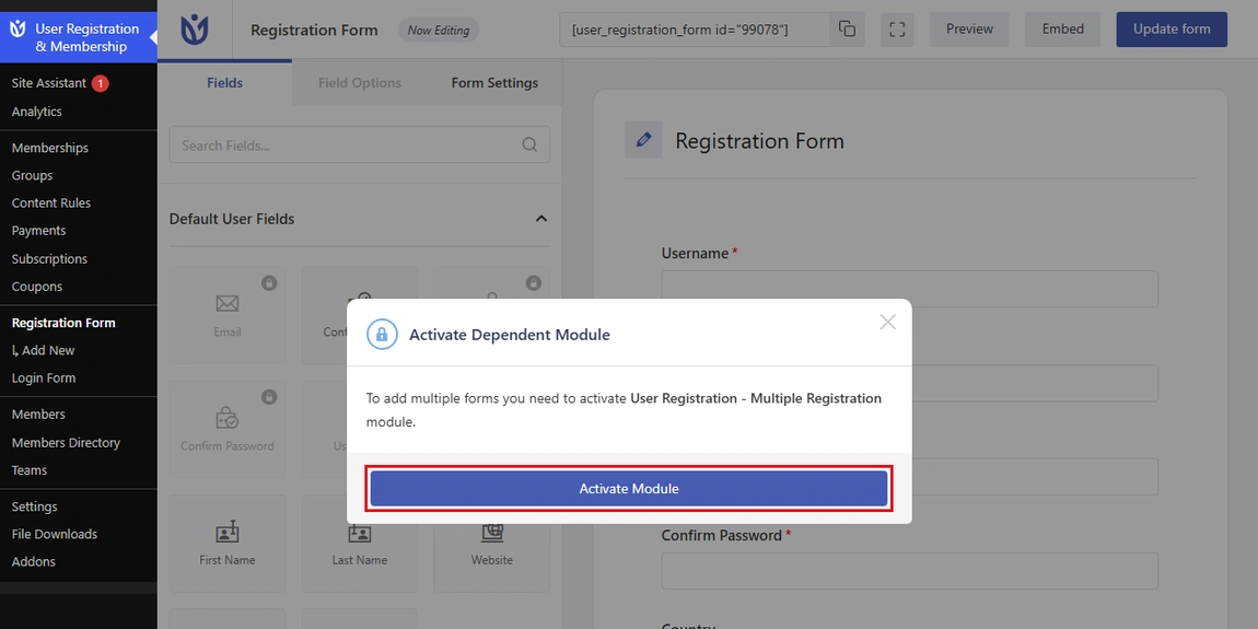 Click Activate Module