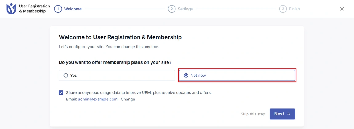 Select Not now for plain user registration