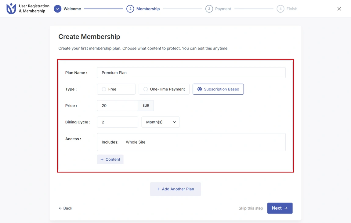 Enter a plan name, type, price, billing cycle and access