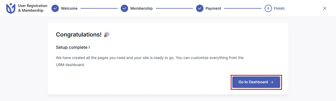 Click Go to Dashboard to finish the setup
