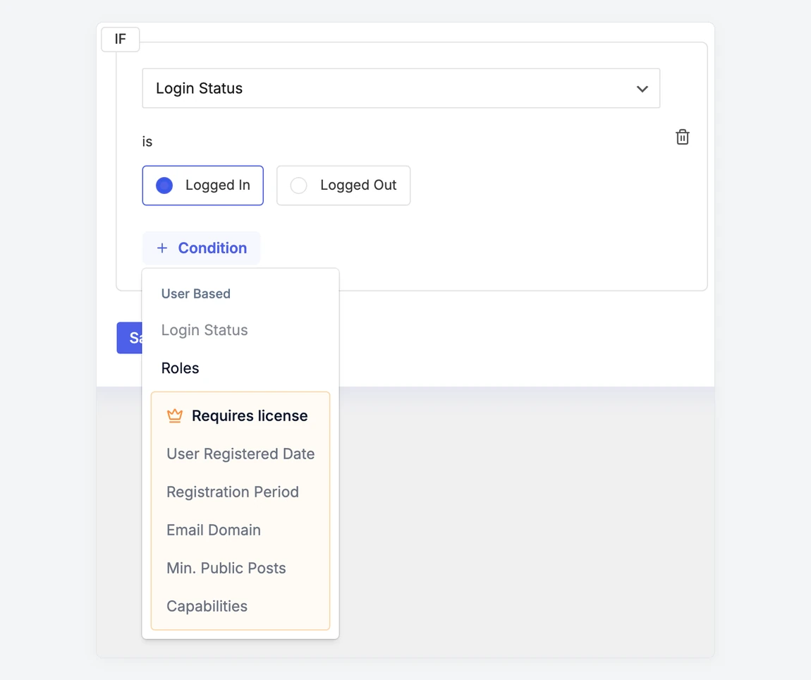 Condition menu with Pro conditions grouped under Requires license