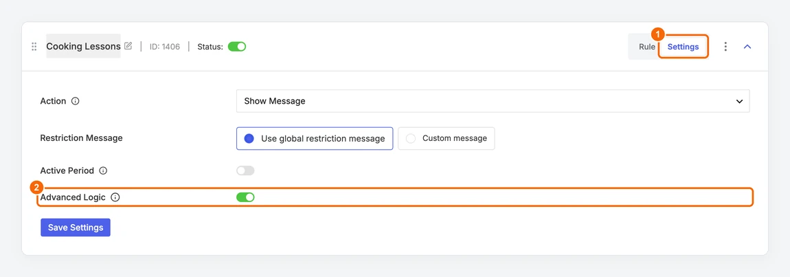 Advanced Logic switch turned on in the rule Settings tab