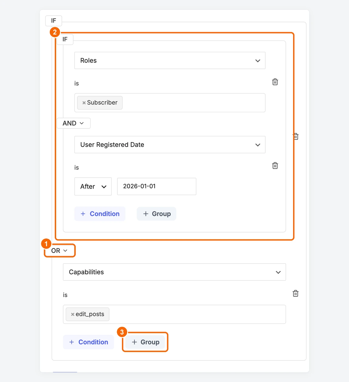 Rule using an OR gate between a nested group and a Capabilities condition