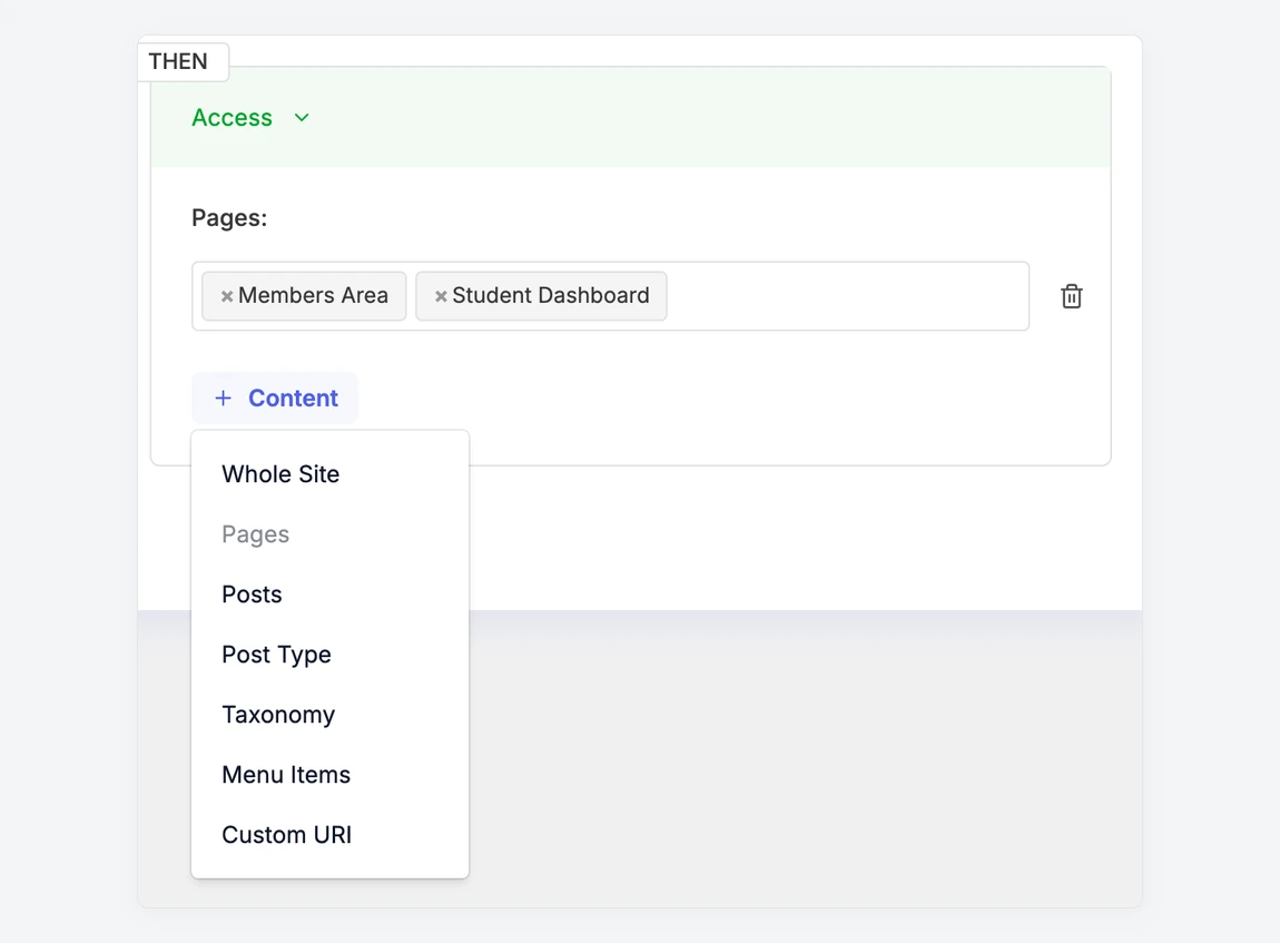 Content menu listing Post Type, Taxonomy, Menu Items and Custom URI