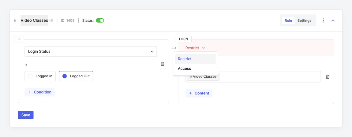 Access control menu with Access and Restrict options