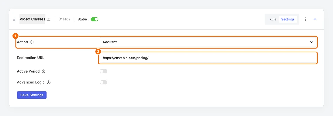 Redirect action sending visitors to the Pricing page