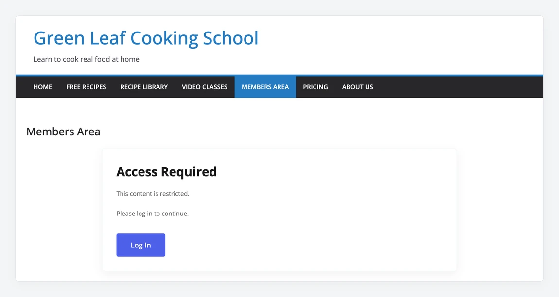 Members Area page replaced by the Access Required message with Log In link