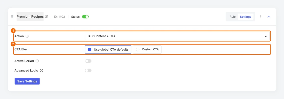 Blur Content + CTA action using the global CTA defaults