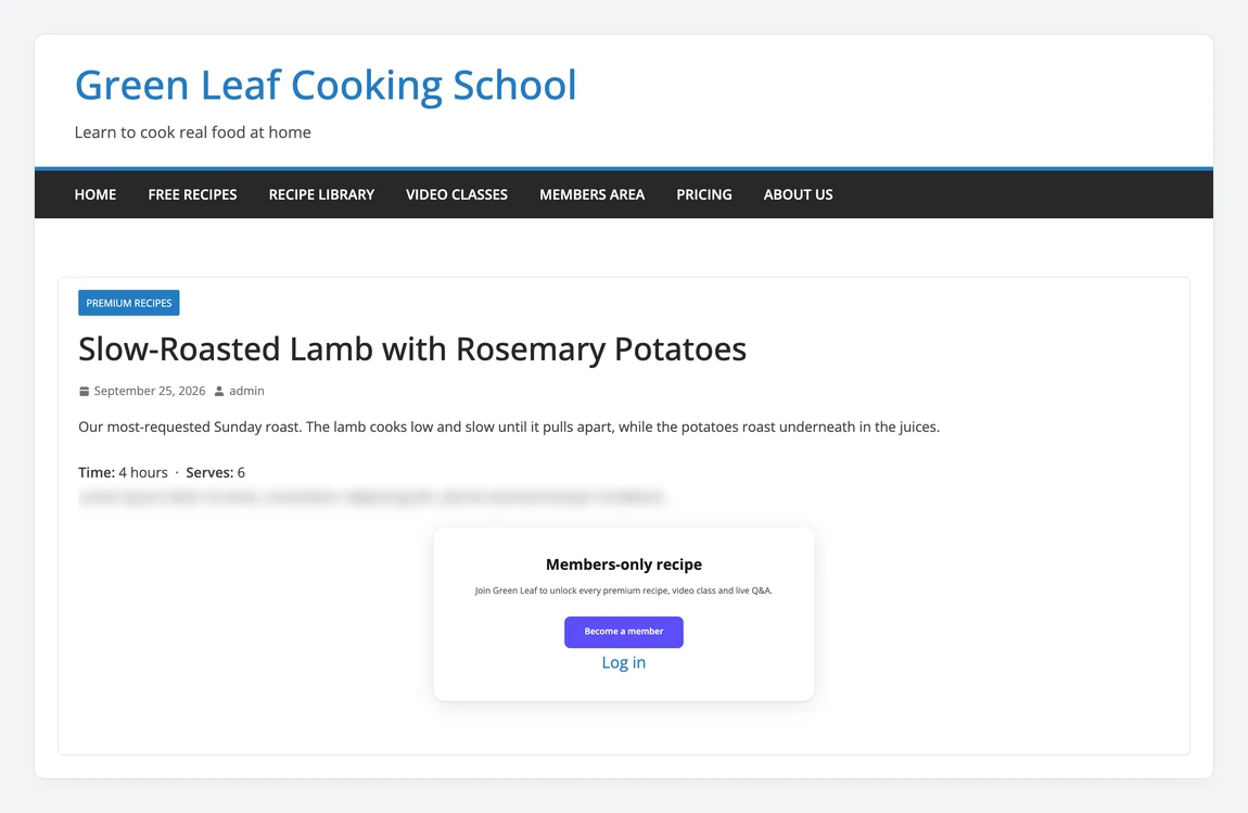 Premium recipe showing two teaser paragraphs, then blurred content with a Become a member button