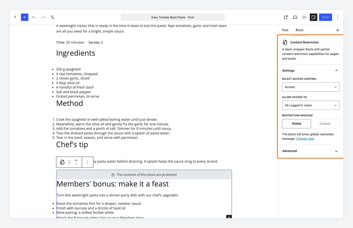 Content Restriction block selected in the editor with its access settings in the sidebar