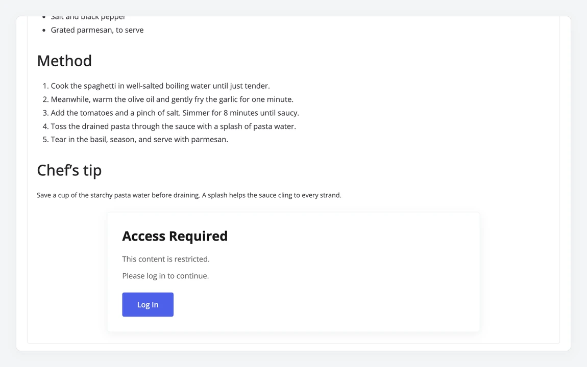 Free recipe where the members-only bonus section is replaced by a restriction message for visitors
