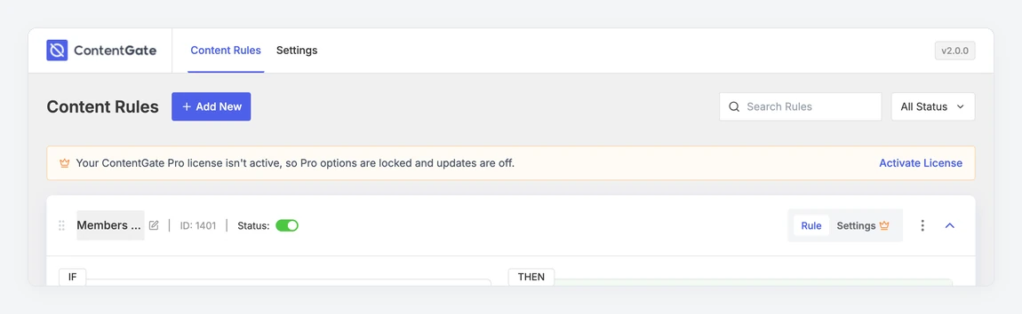 Content Rules screen with the notice that Pro options are locked until the license is activated