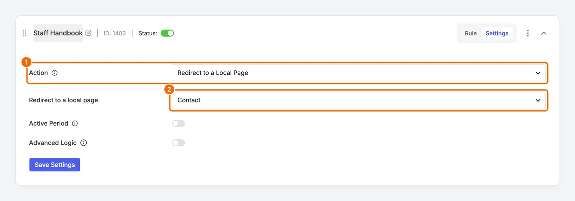 Redirect to a Local Page action sending visitors to the Contact page