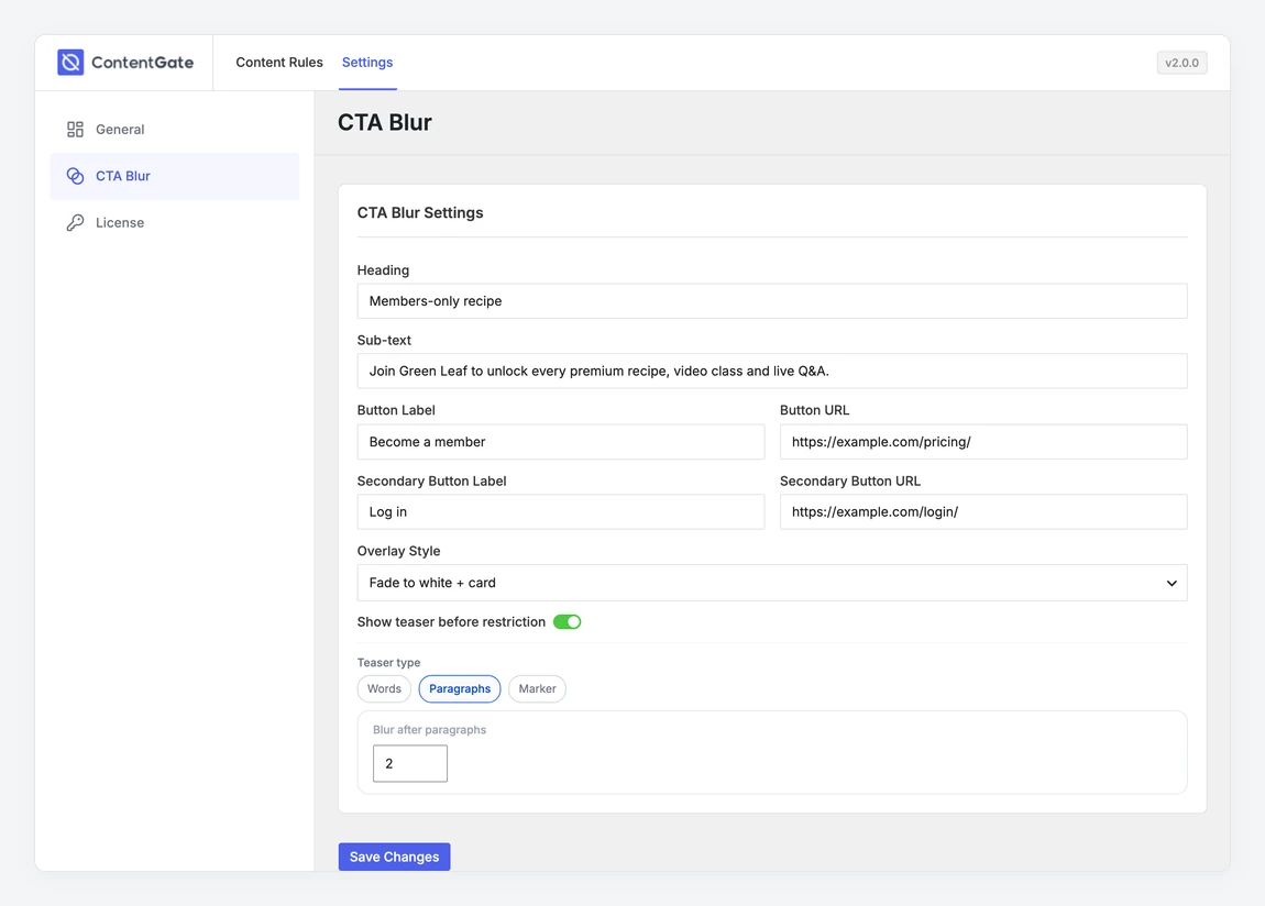 CTA Blur settings with heading, sub-text, buttons, overlay style and teaser options