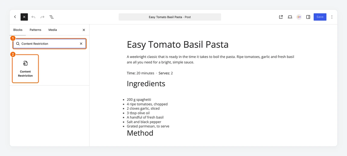 Block inserter in the left sidebar with Content Restriction typed in the search box and the block in the results